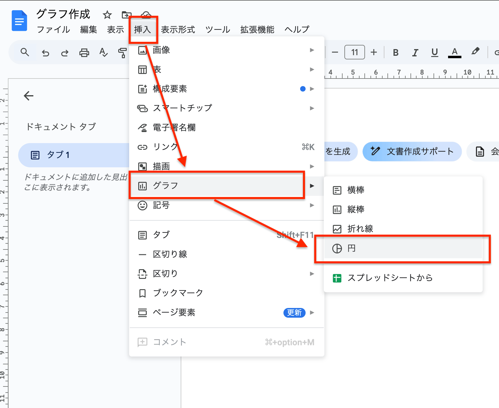 上部のメニューバーから「挿入」→「グラフ」→「棒グラフ」「縦棒グラフ」「折れ線グラフ」「円グラフ」のいずれかを選択